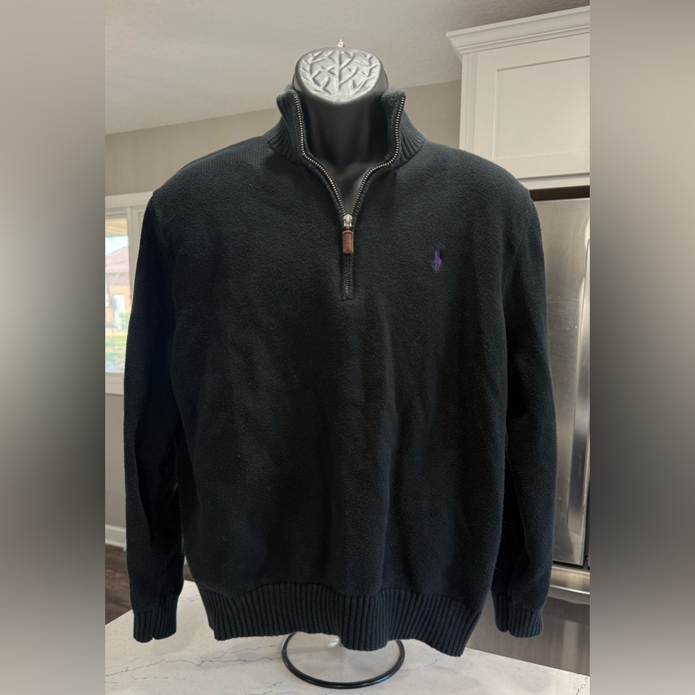Polo Ralph Lauren Men’s Quarter Zip Sweater Black Purple  Logo Size L